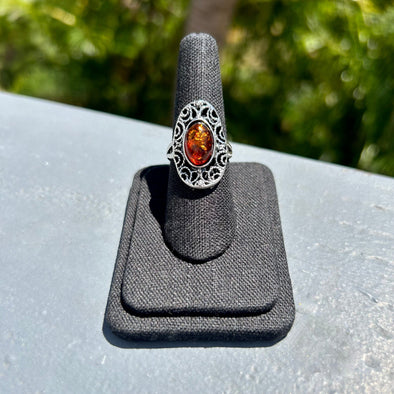 Baltic Amber Ring with Sterling Silver Flourish