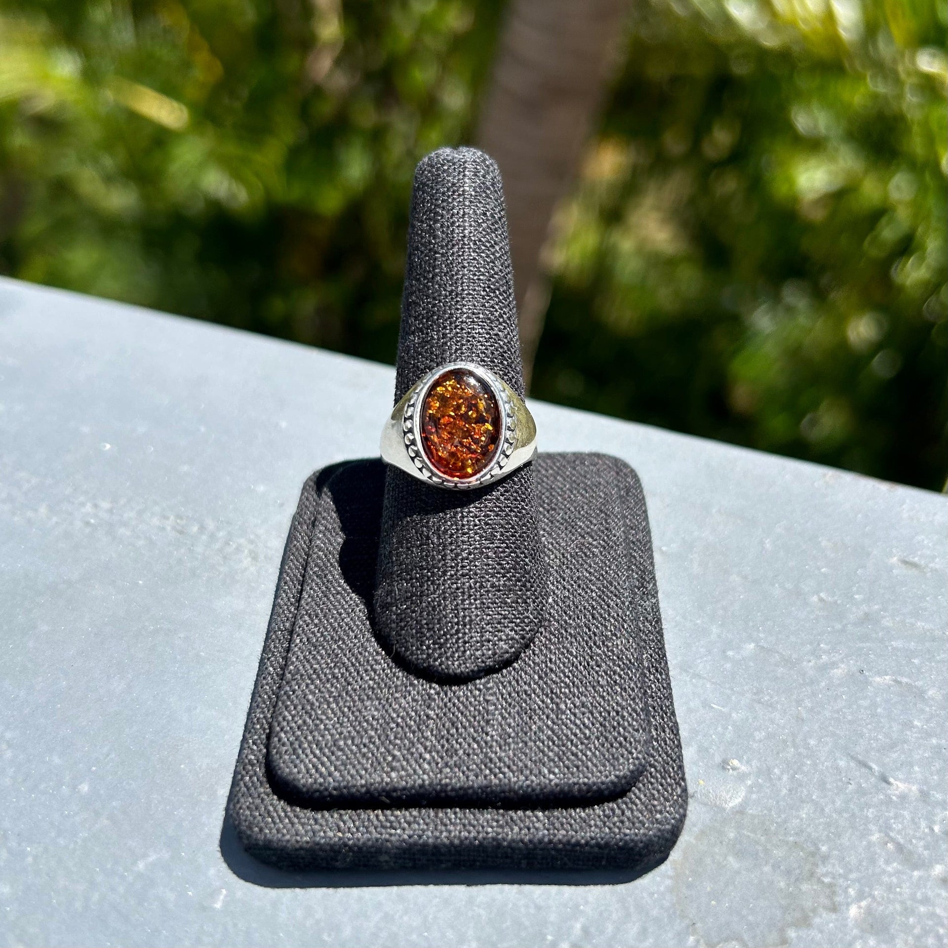 Oval Baltic Amber Silver Ring on Display