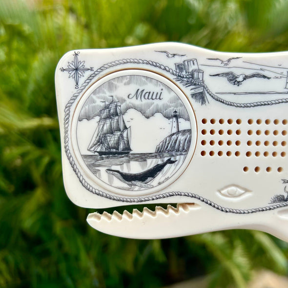 Ship and Lighthouse on Scrimshaw Sperm Whale Cribbage Board