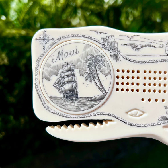 Ship with Palms Scrimshaw Sperm Whale Cribbage Board