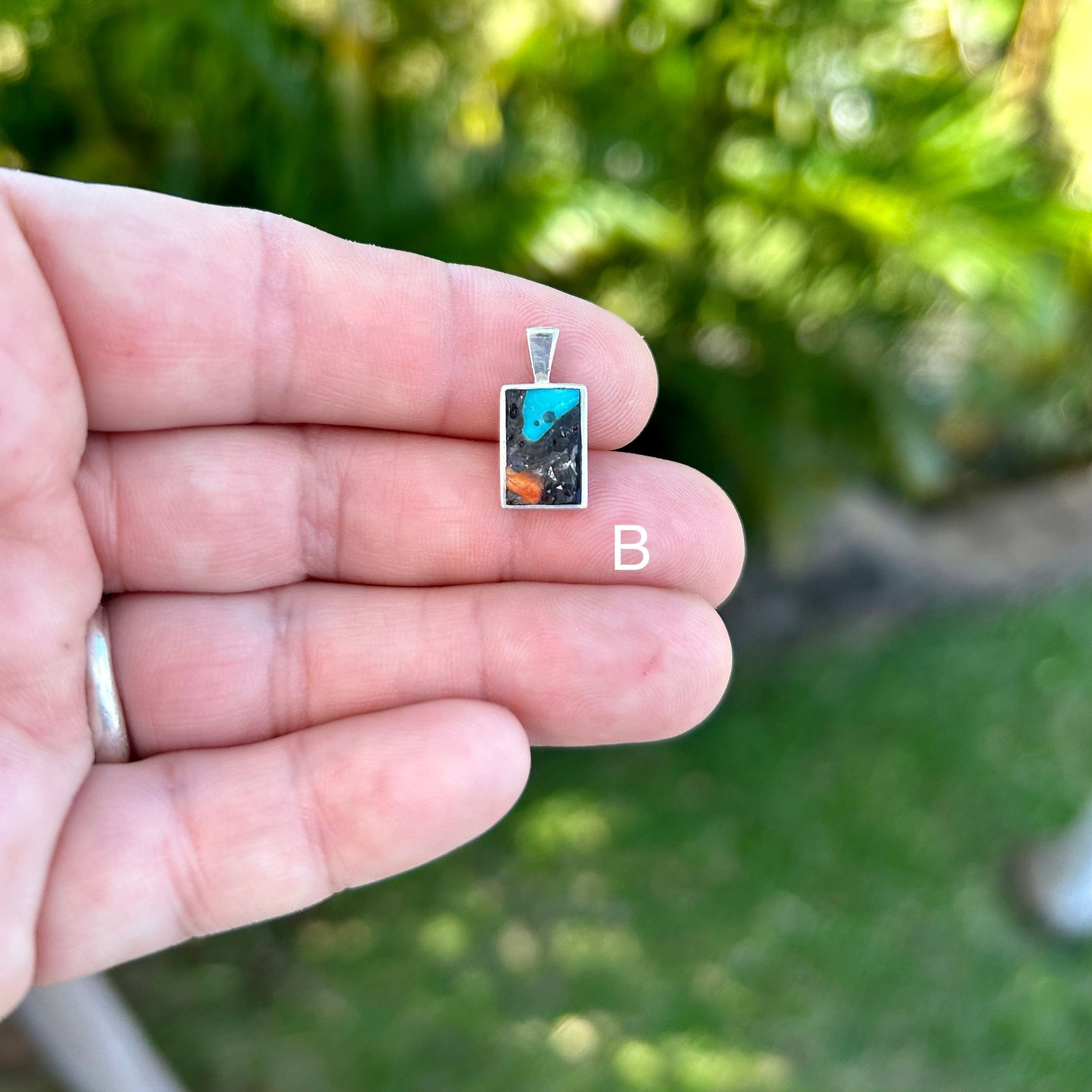 Lālani Black Coral Composite Small Rectangular Pendant with Turquoise, Lapis Lazuli, and Spiny Oyster Gemstones