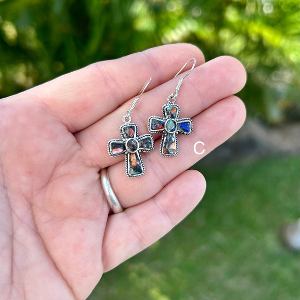 Lālani Black Coral Composite Small Cross Earrings in Sterling Silver