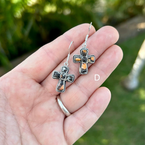 Lālani Black Coral Composite Cross Earrings with Braided Sterling Silver Detail
