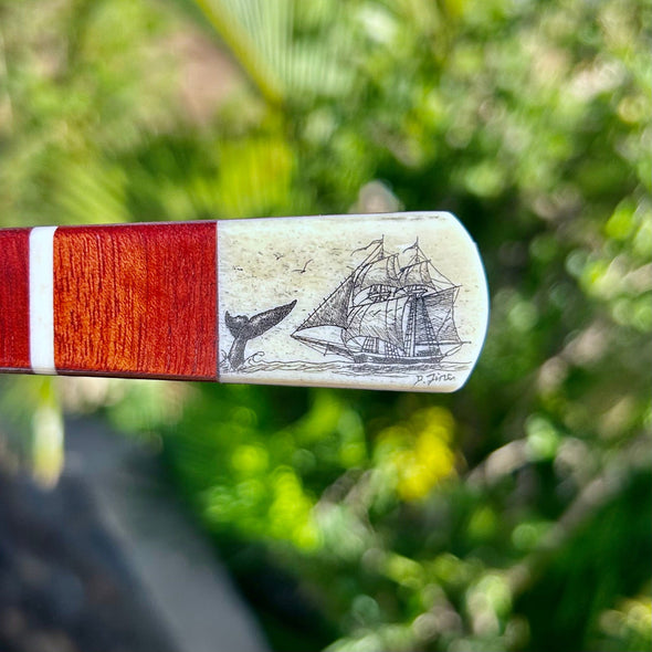 Handmade Scrimshaw Letter Opener with Ship and Whale Tail Design