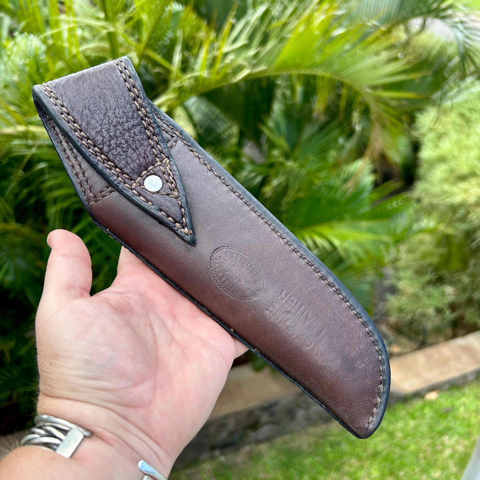 Back of Handmade Brown Shark Leather Knife Sheath