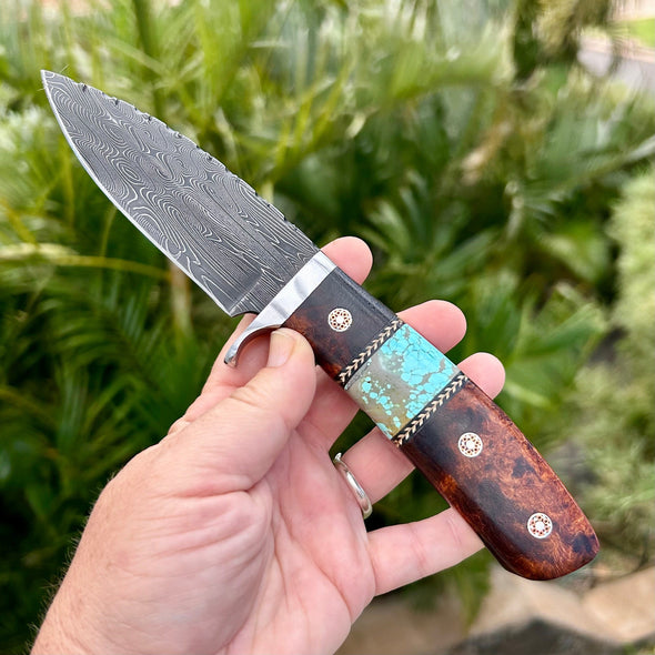 Fixed Blade Knife with Damascus Steel Blade and Turquoise Handle