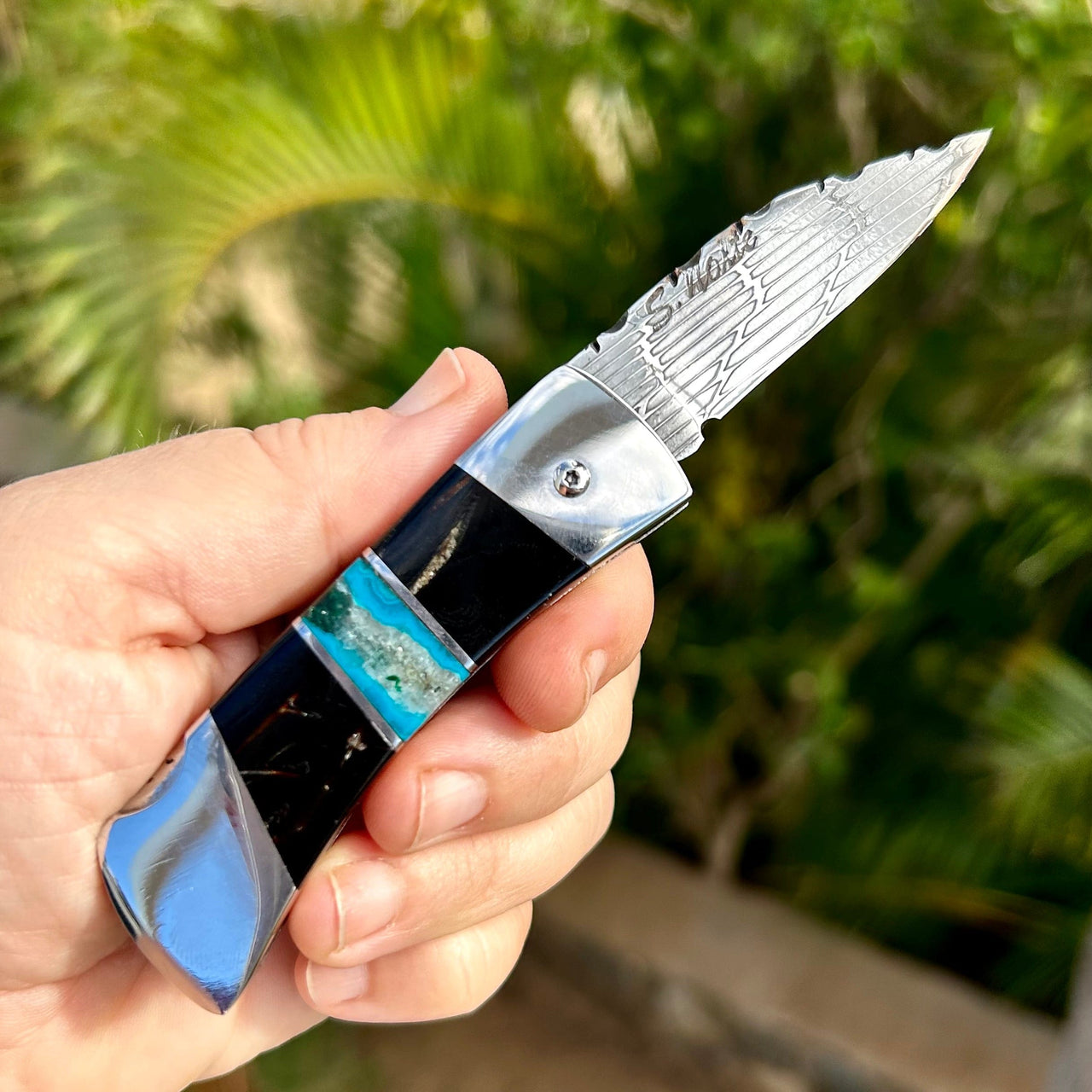 Steve Nolte Stainless Steel Damascus Folder- Black Coral