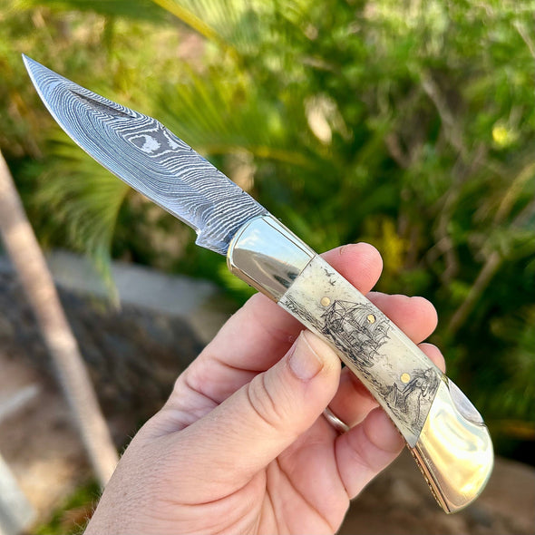 Paul Sheldon Scrimshaw Art on High-Carbon Damascus Folder- Ship with Mermaid