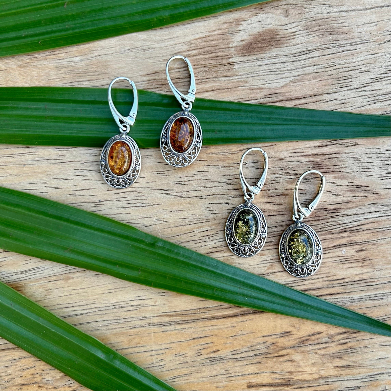 Honey and Green Oval Baltic Amber Earrings with Silver Detail