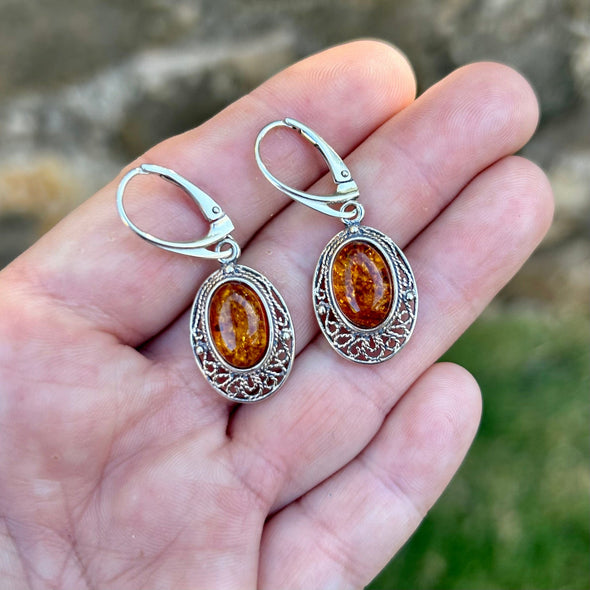 Oval Baltic Amber Earrings with Silver Detail- BAER10