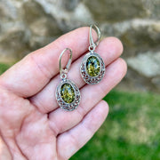 Oval Green Baltic Amber Earrings with Silver Detail