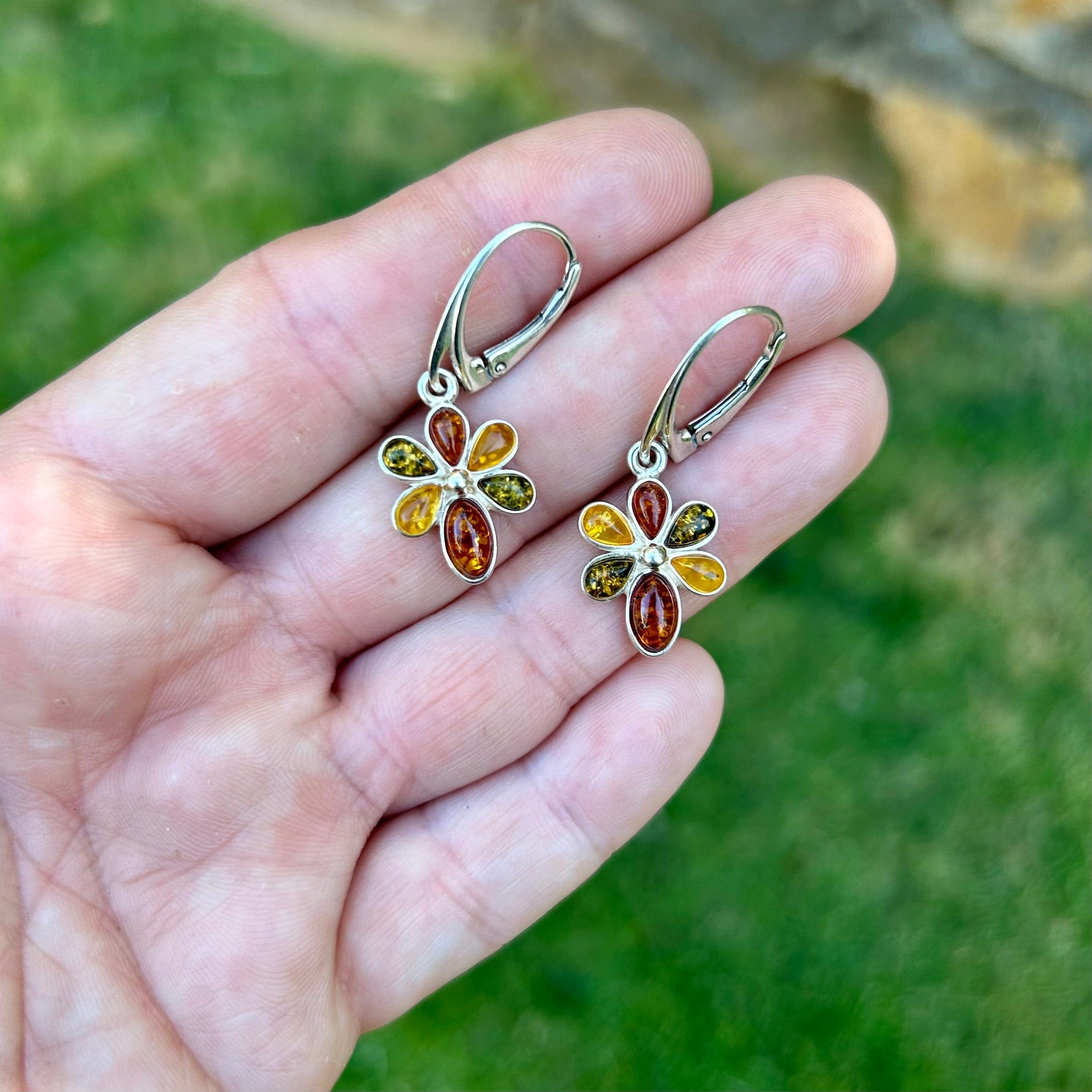 Floral Baltic Amber Earrings set in Sterling Silver