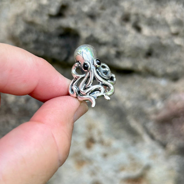 Octopus with Onyx Eyes Adjustable Ring