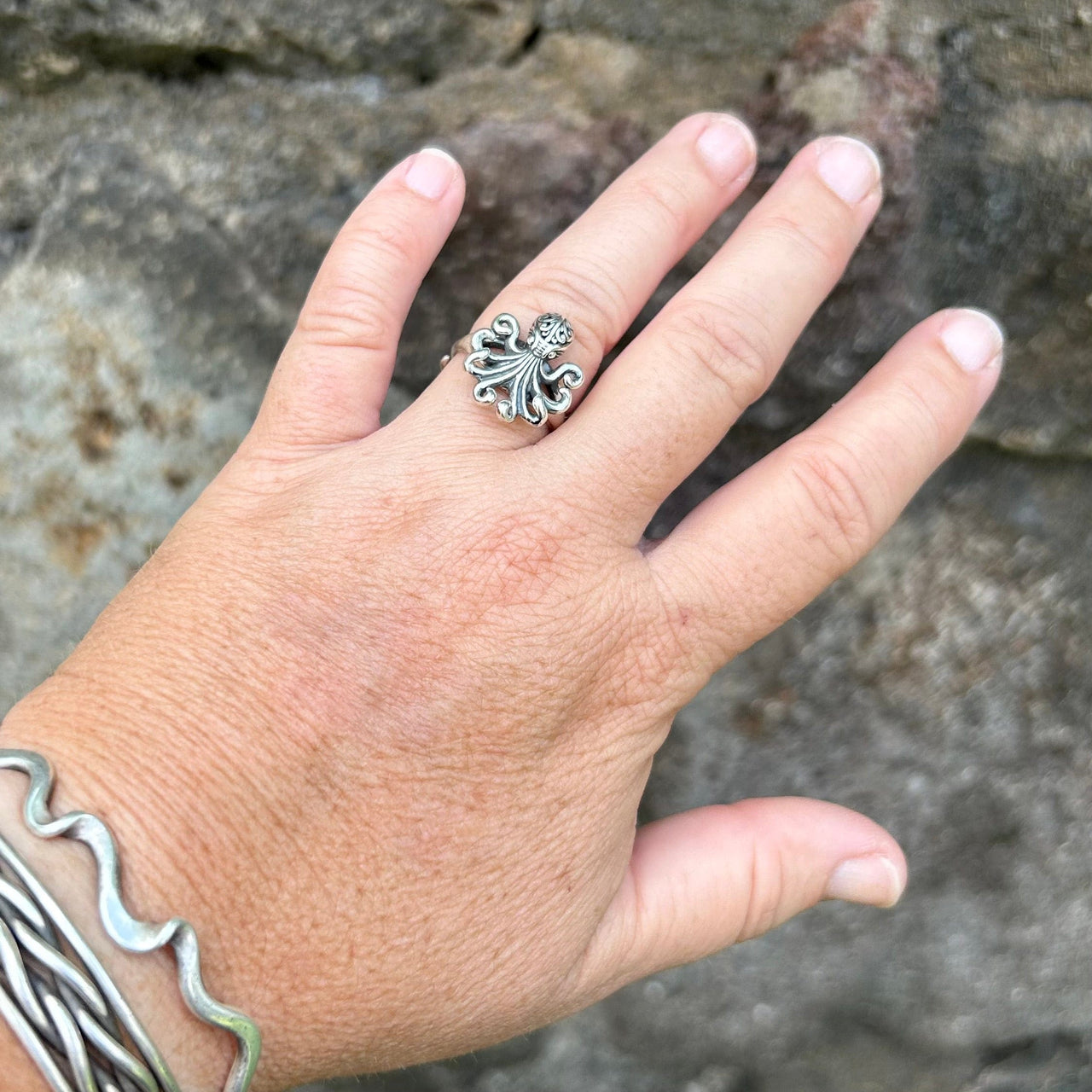 Model wearing Small Octopus Adjustable Ring