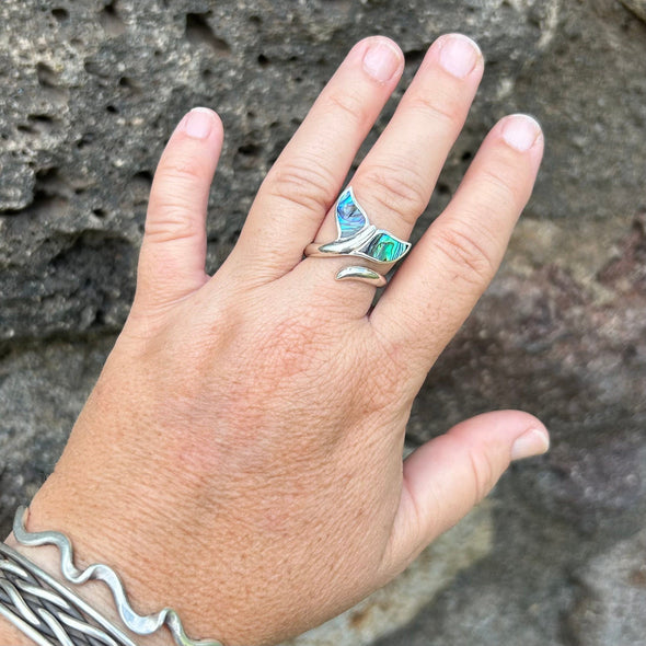 Whale Tail Swirl Adjustable Ring with Abalone Inlay