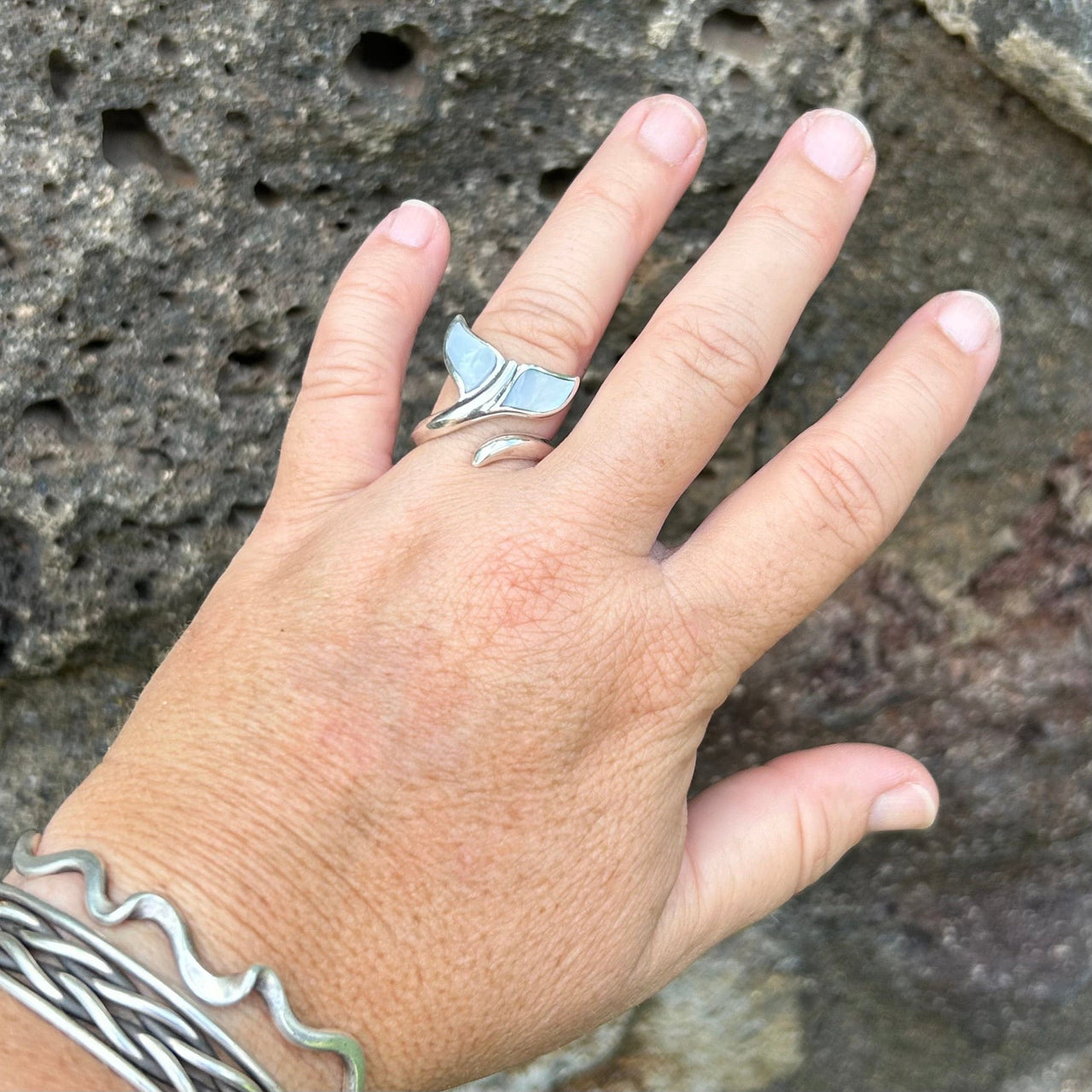 Whale Tail Swirl Adjustable Ring with Mother of Pearl Inlay