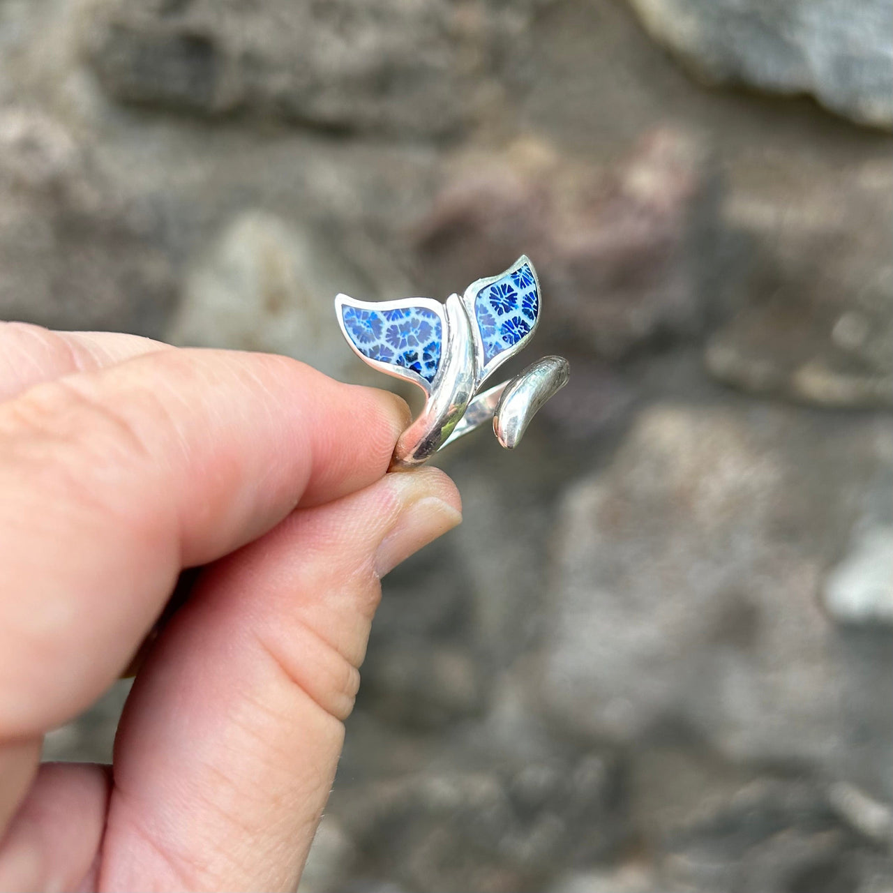 Whale Tail Swirl Adjustable Ring with Fossilized Blue Coral