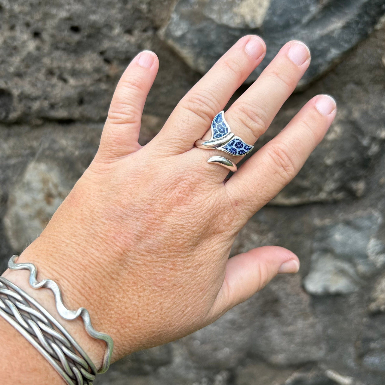 Whale Tail Swirl Adjustable Ring with Fossilized Blue Coral