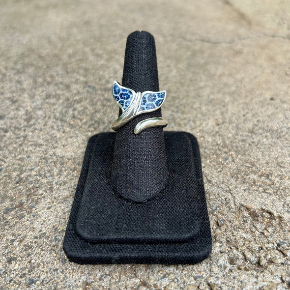 Whale Tail Swirl Adjustable Ring with Fossilized Blue Coral