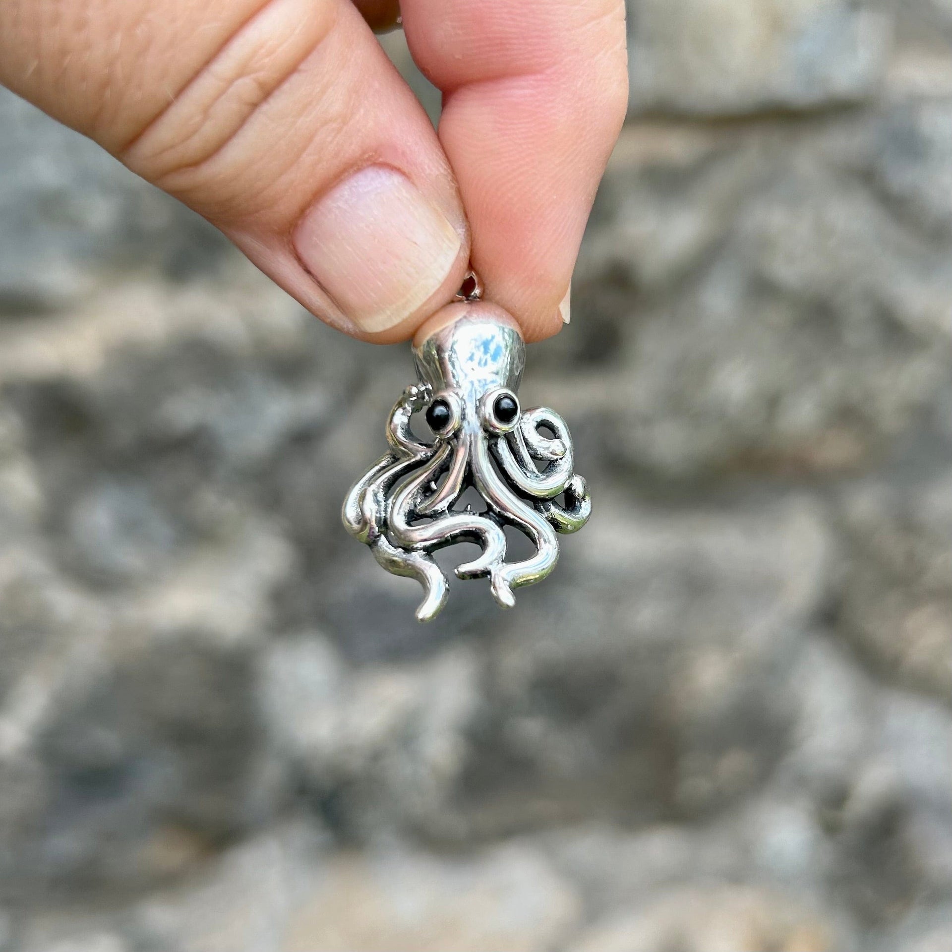 Sterling Silver Octopus Pendant with Black Onyx Gemstones