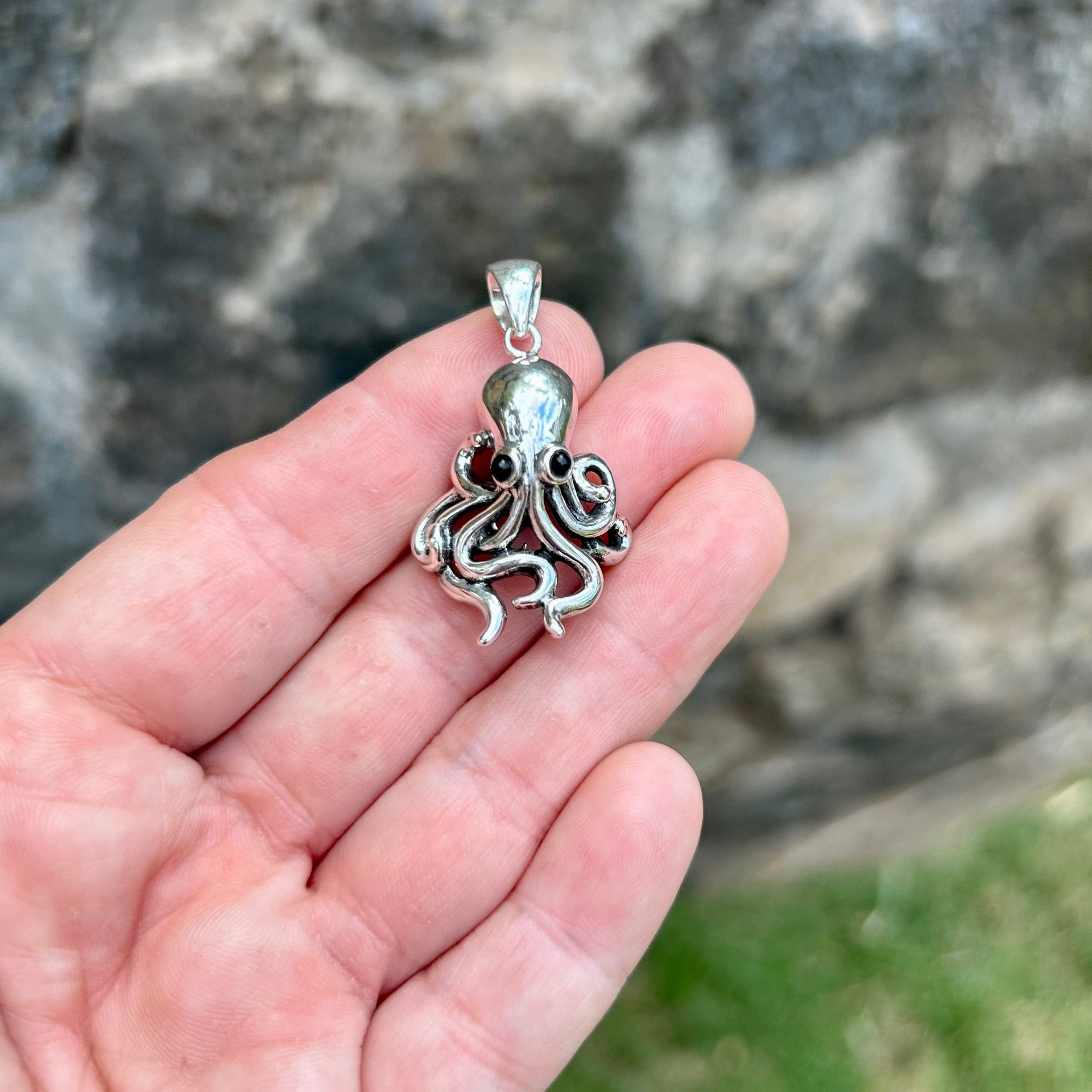 Handmade Sterling Silver Octopus Pendant with Onyx Eyes