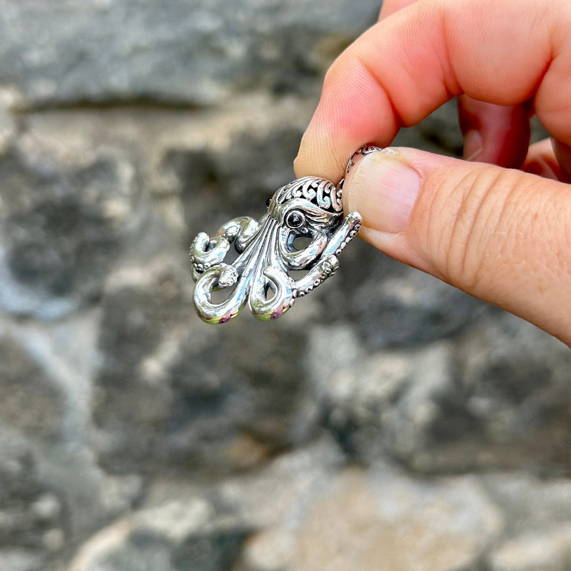 Sterling Silver Octopus Pendant with Filagree and Black Onyx Eyes