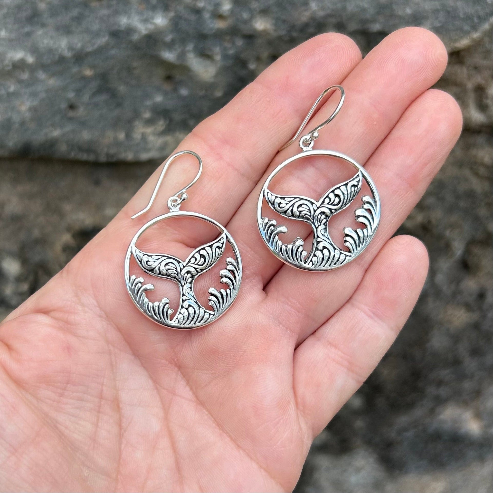 Sterling Silver Whale Tail Filagree Dangle Earrings