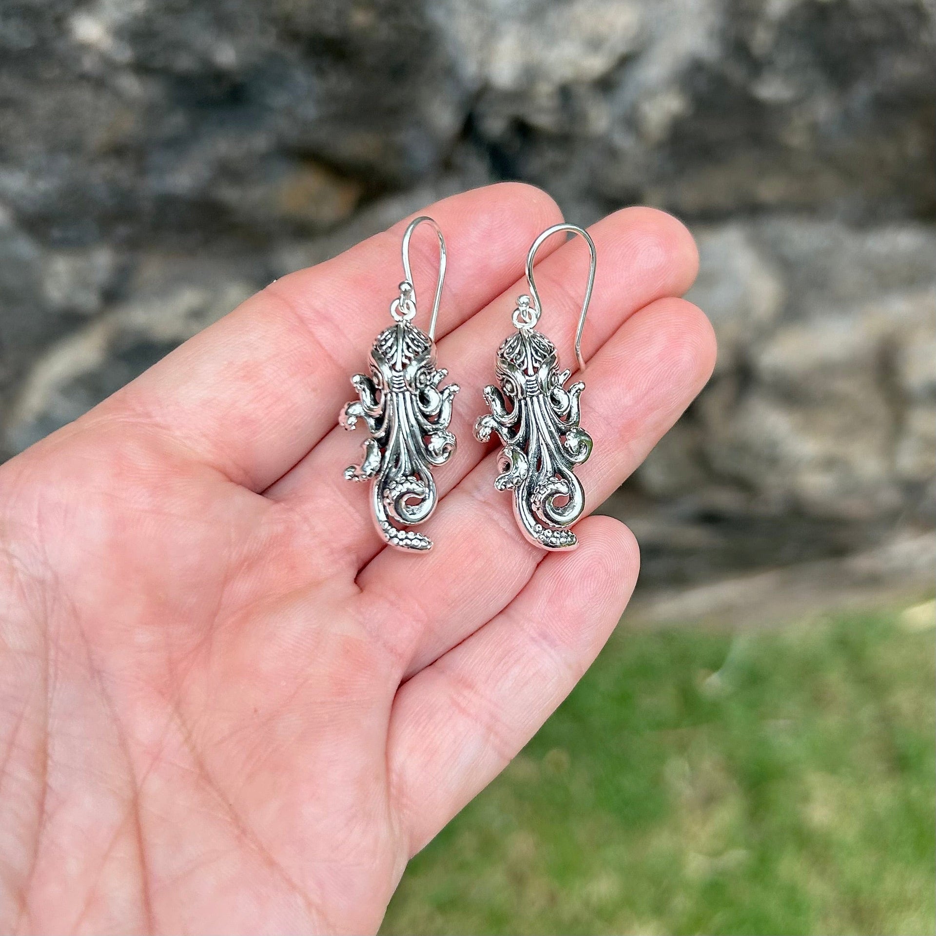 Sterling Silver Filagree Octopus Dangle Earrings