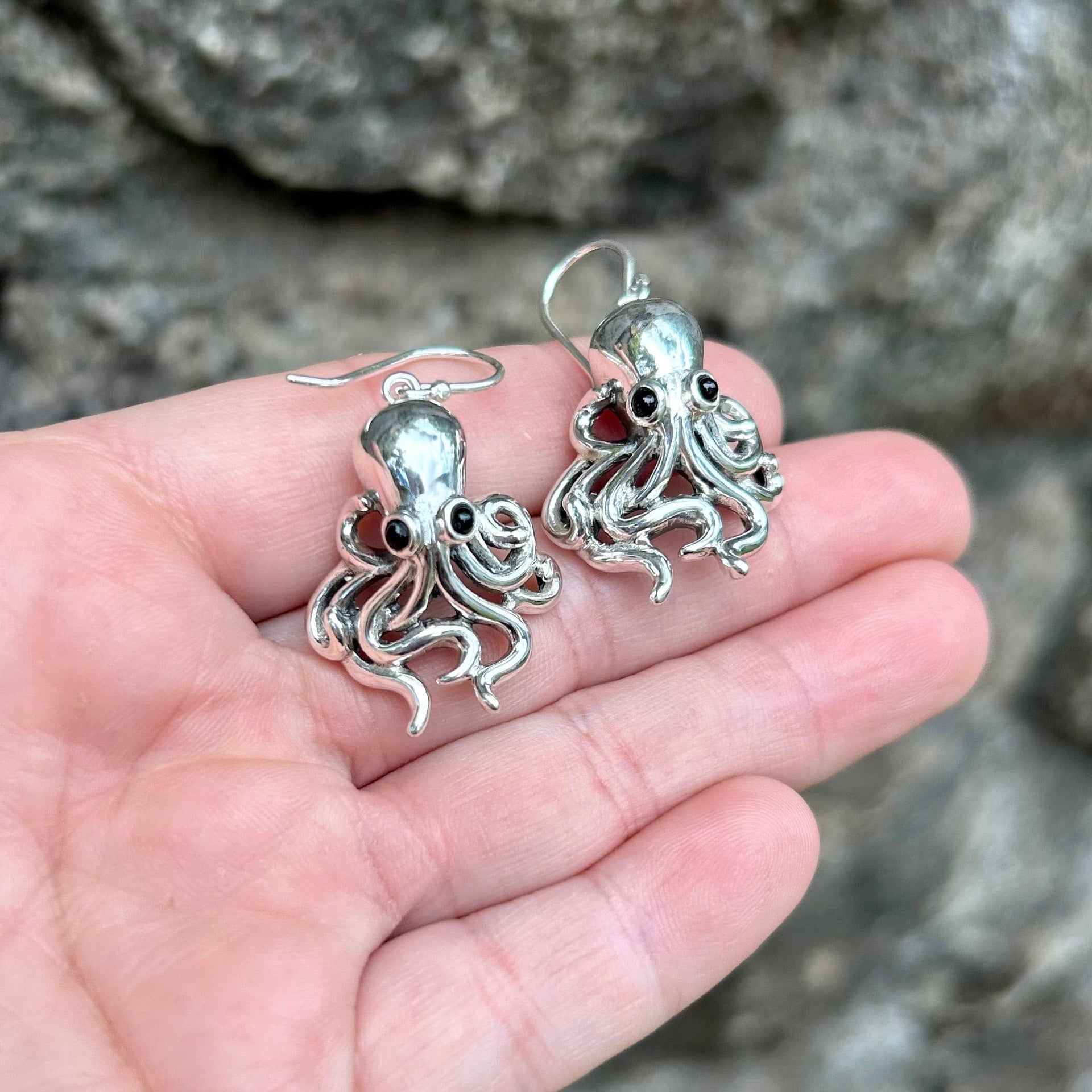 Handmade Zak Hart Sterling Silver Octopus Earrings with Black Onyx