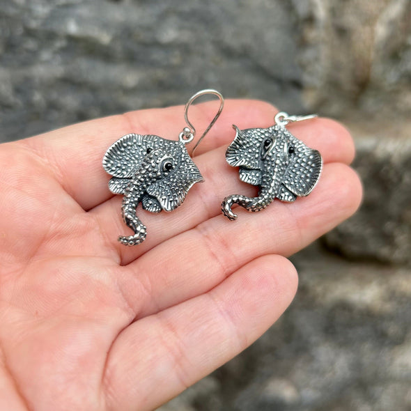 String Ray Earrings with Onyx Eyes in Sterling Silver 