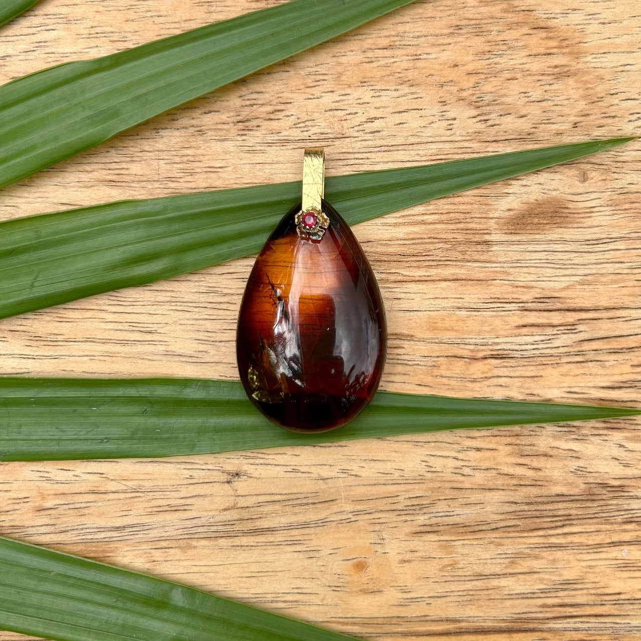 Baltic Amber Teardrop Pendant with Garnet Detail