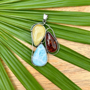 Sterling Silver Large Pendant with teardrop shaped Baltic Amber and Larimar