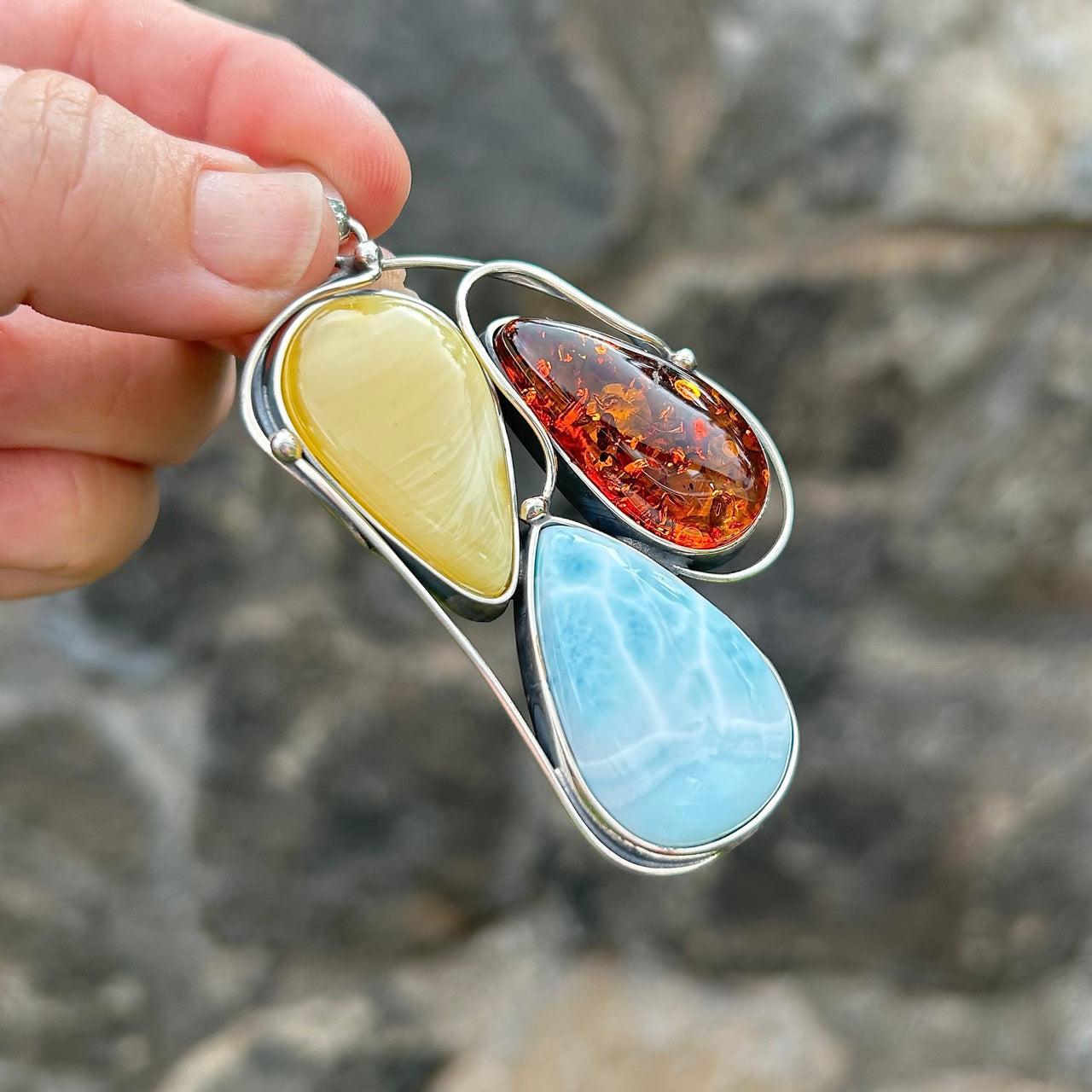 Large Baltic Amber And Larimar Pendant