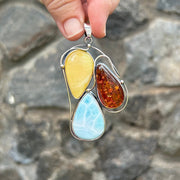 Large Teardrop Baltic Amber And Larimar Pendant