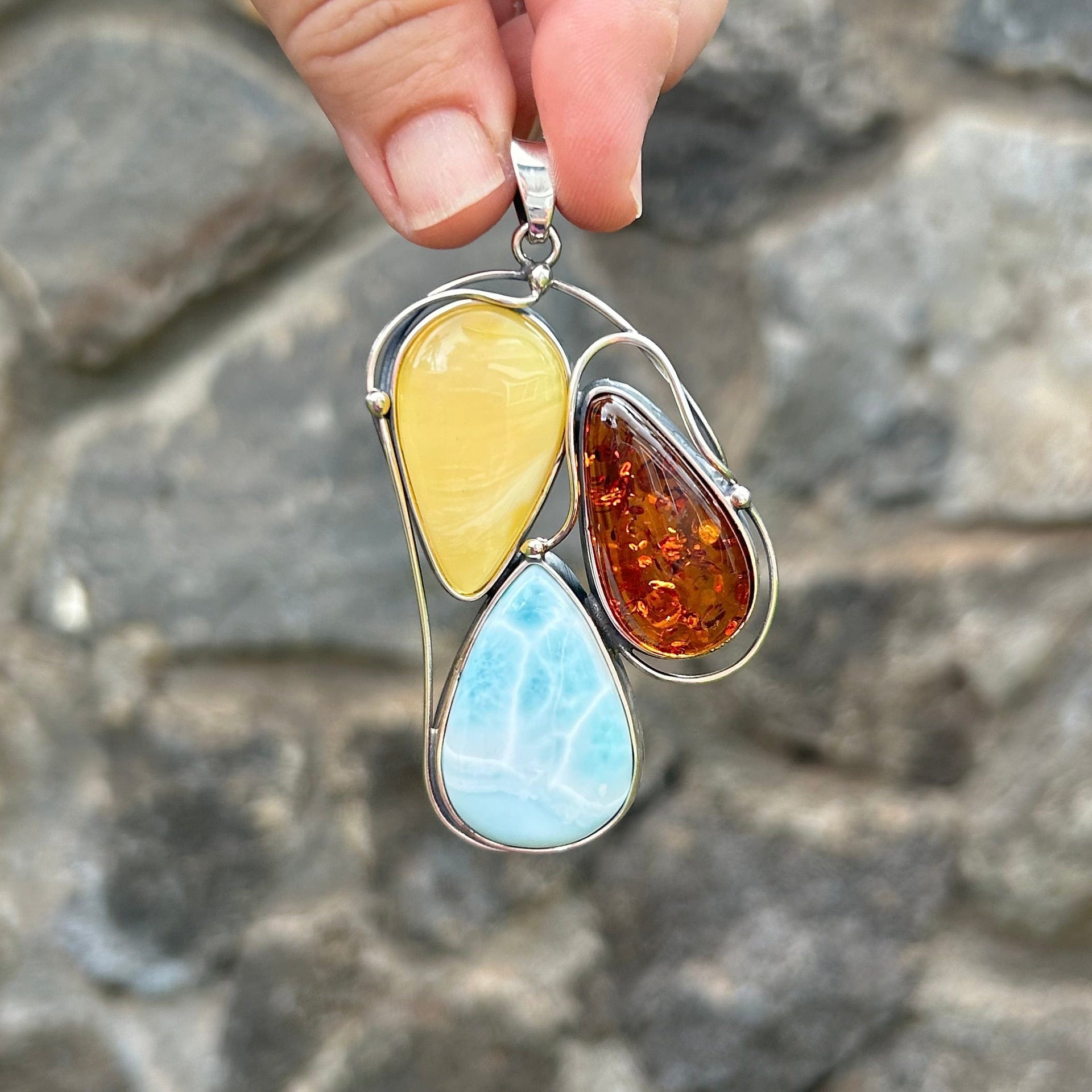 Large Teardrop Baltic Amber And Larimar Pendant