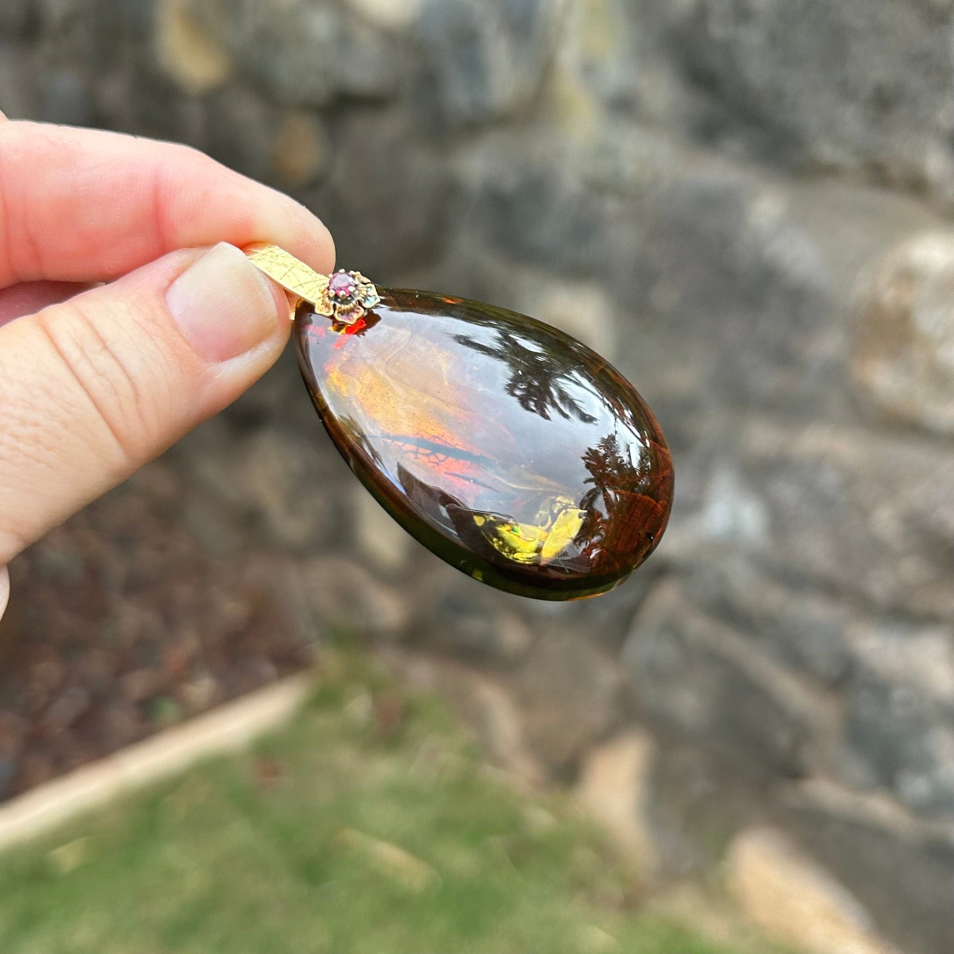 Baltic Amber Teardrop Pendant with Garnet Rose Detail