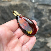 Clear Baltic Amber Teardrop Pendant with Garnet Detail