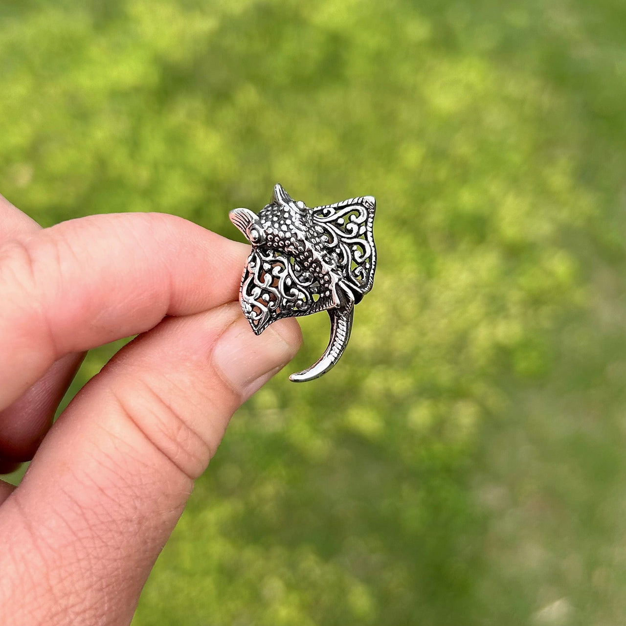 Manta Ray with Filagree Adjustable Ring in Sterling Silver