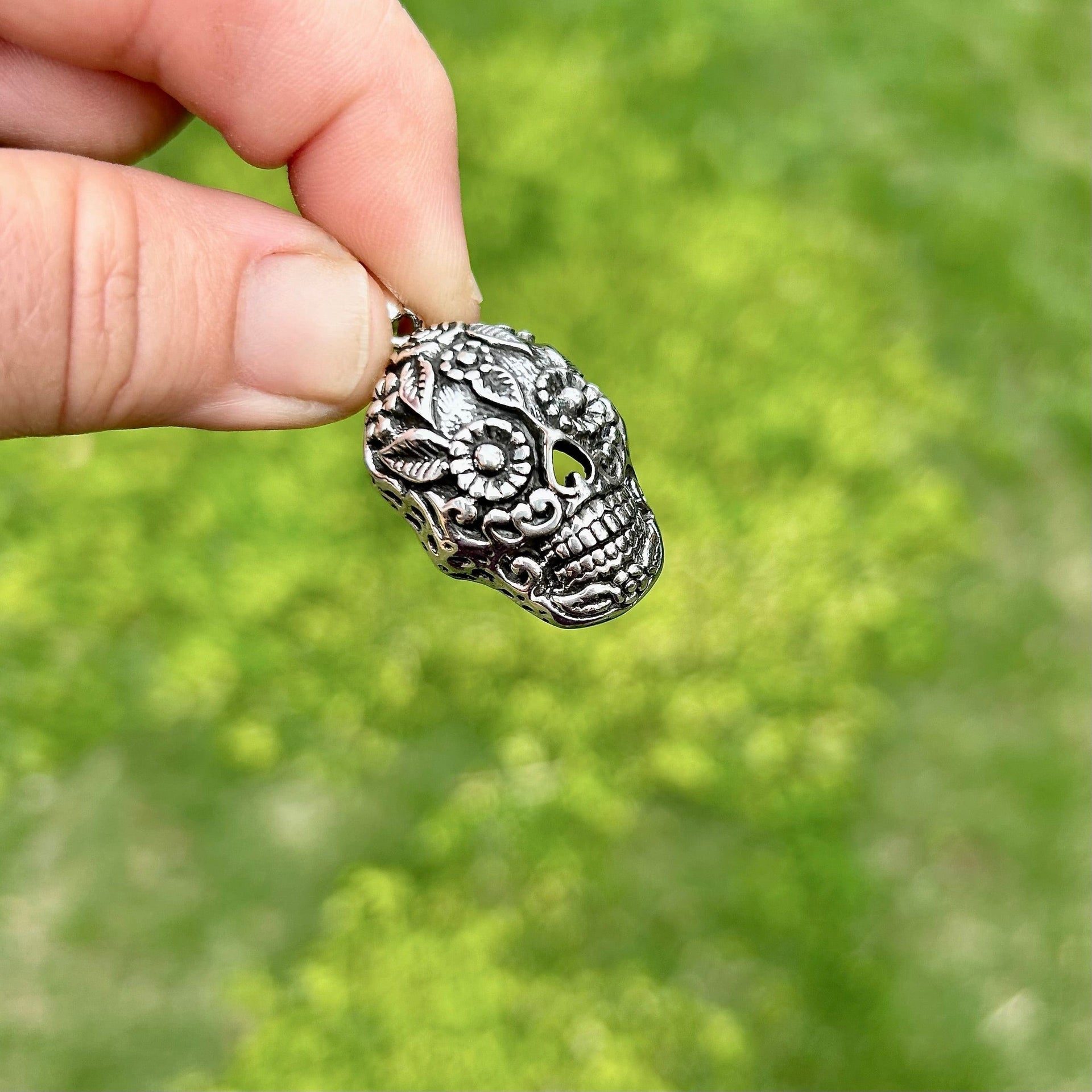 Floral Sugar Skull Pendant in Sterling Silver