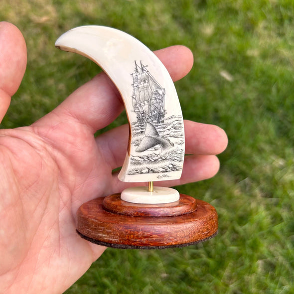 Whaling Ship with Whale Tail Scrimshaw by Ray Peters