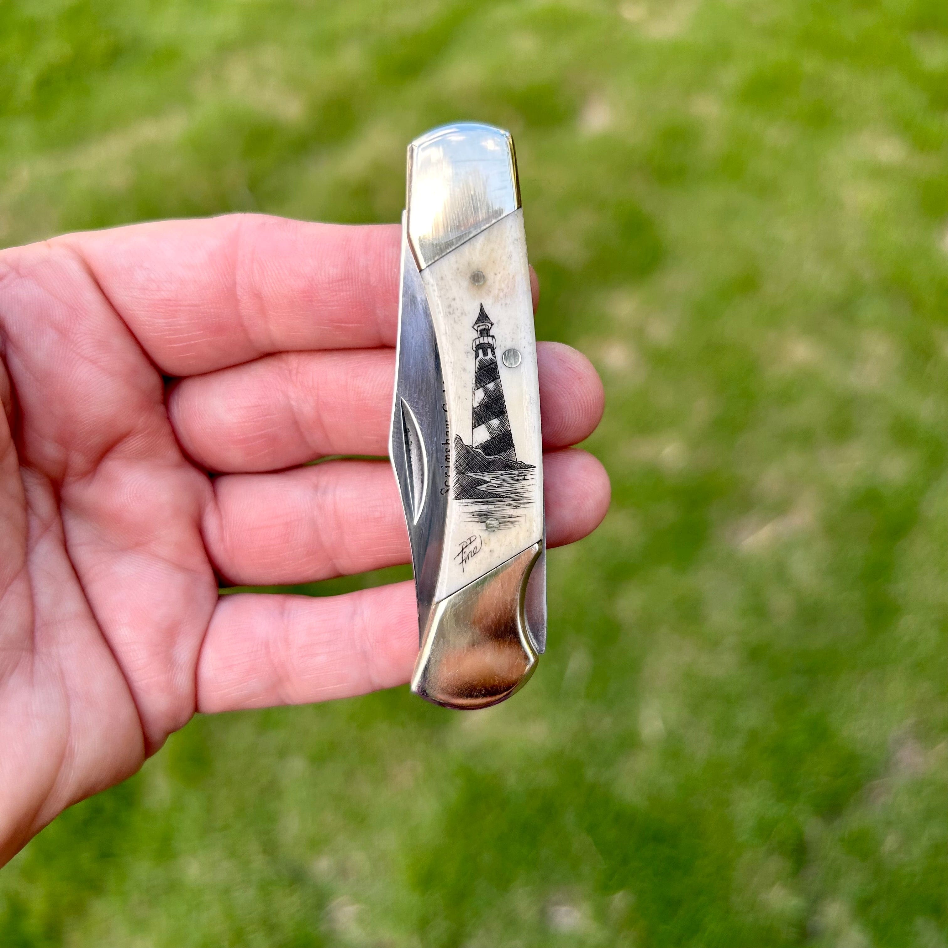 Hand Scrimmed Scrimshaw Lock Back Knife | Whaler's Locker