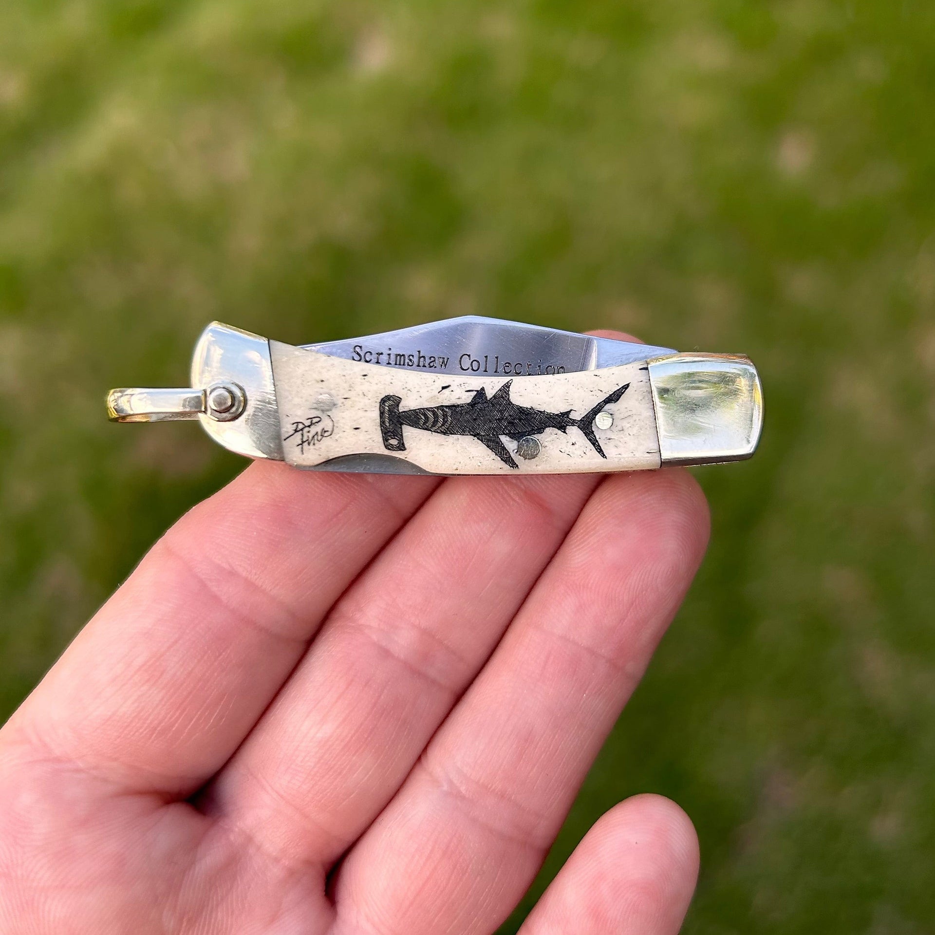 Derek Fine Scrimshaw Hammerhead Shark Keychain Knife