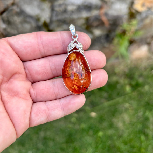 Baltic Amber Pendant with Leaf Detail in Sterling Silver Setting