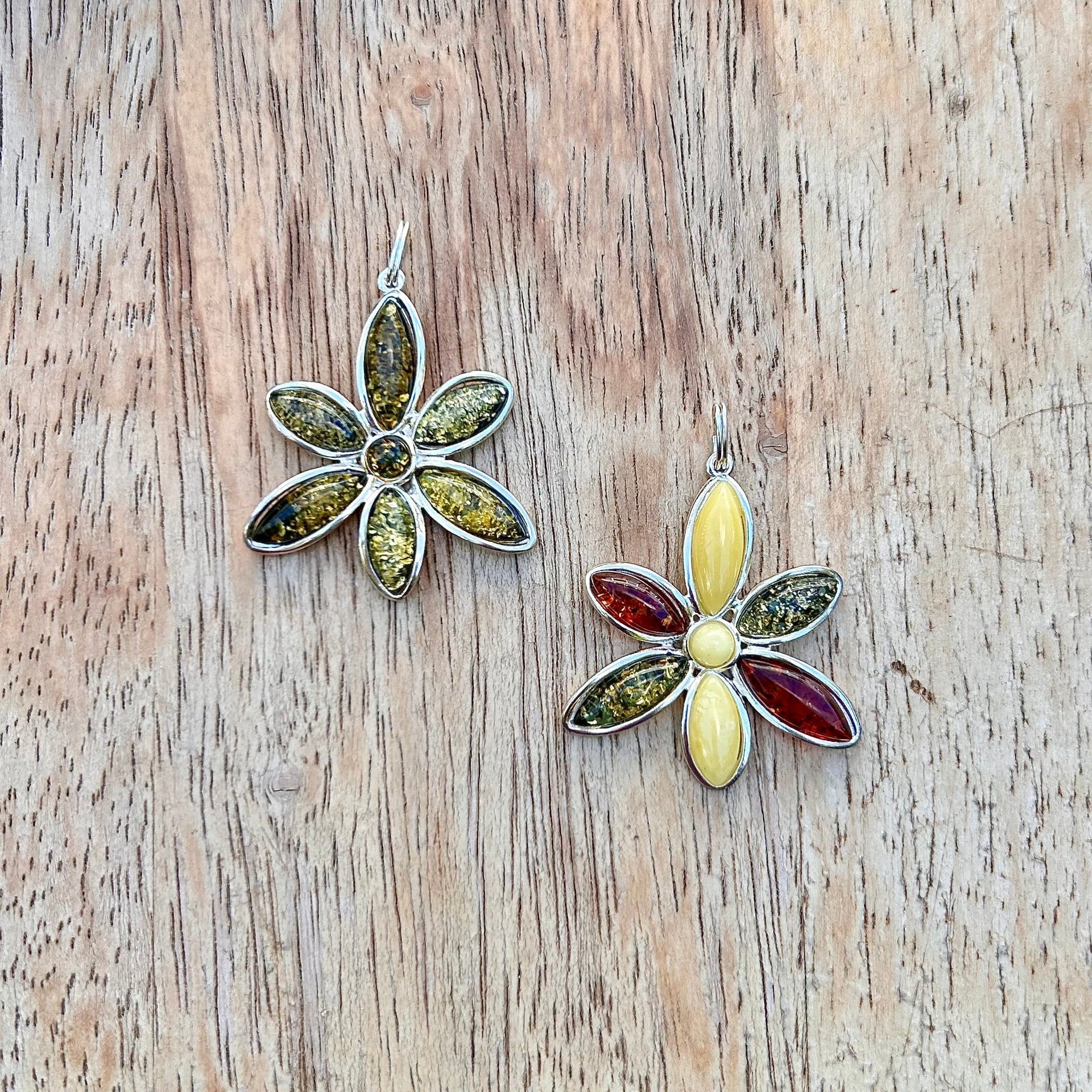 Two Floral Baltic Amber Pendants in Green and Multi-Color