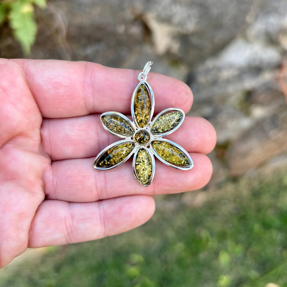 Sterling Silver Floral Pendant with Green Baltic Amber