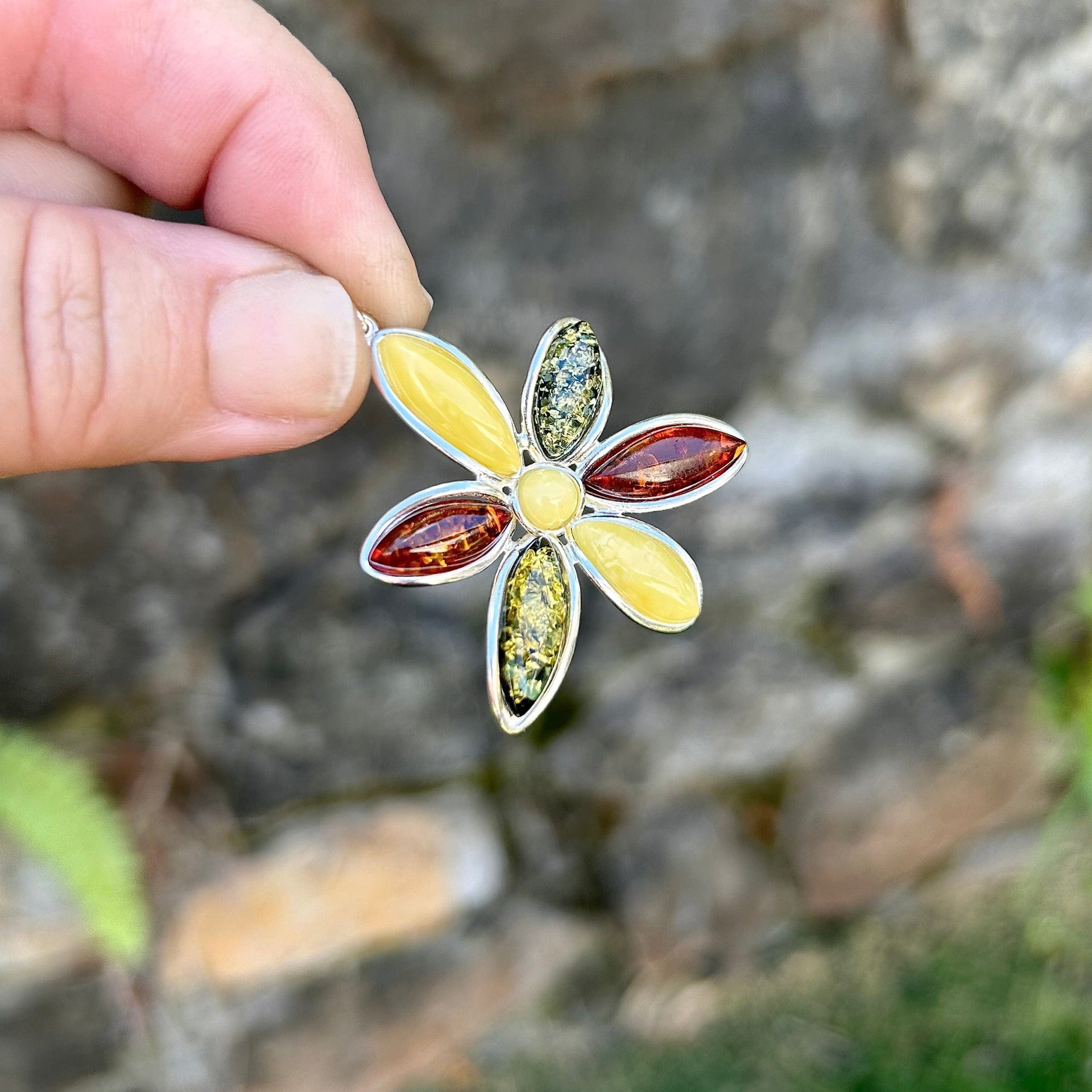 Floral Multi-Color Baltic Amber Pendant