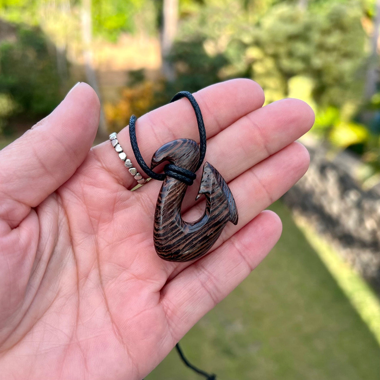 Wenge Wood Maui Fishhook Pendant on Black Cotton Cord