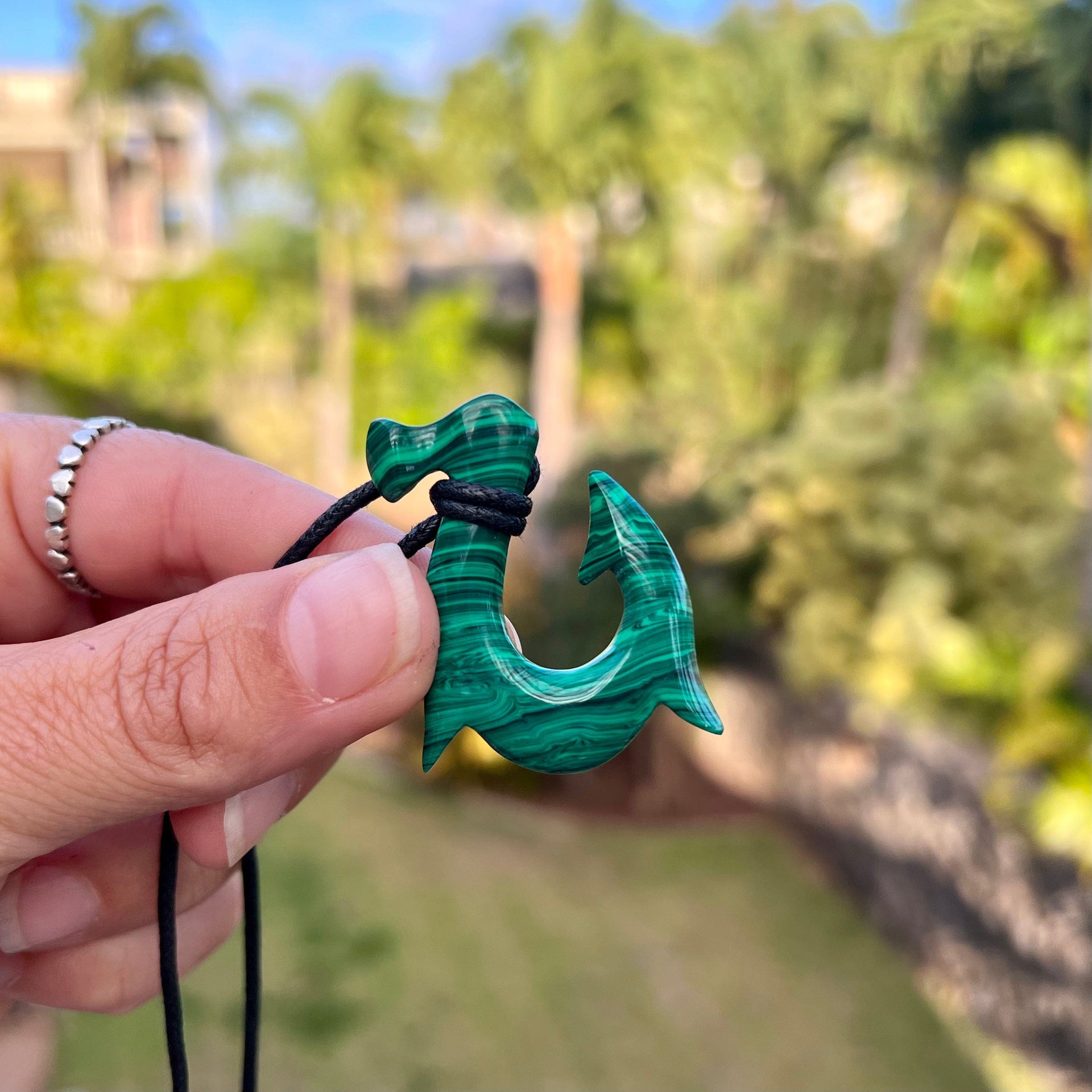 Malachite Composite Hand Carved Maui Fish Hook Necklace