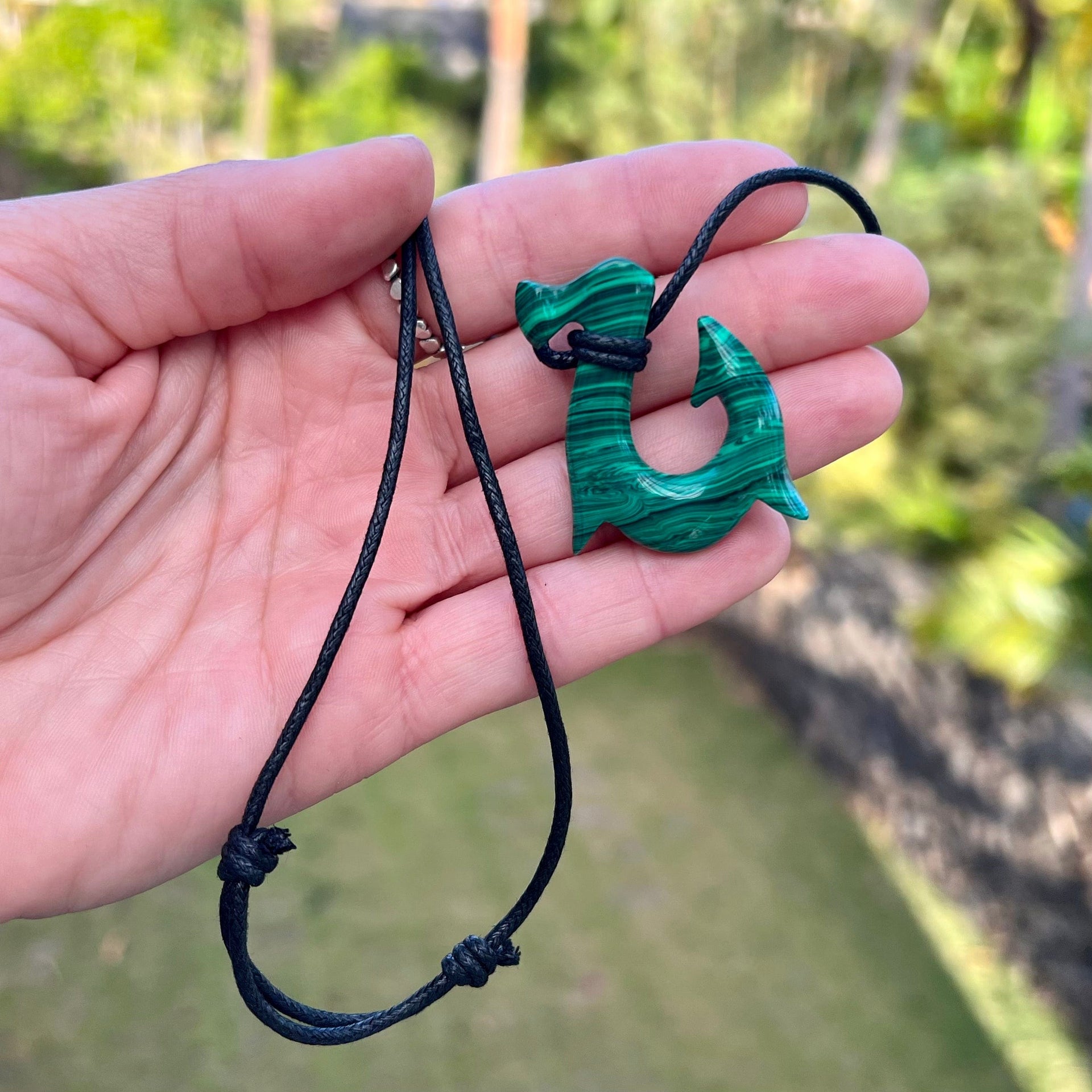 Malachite Composite Hand Carved Maui Fish Hook on Black Necklace Cord