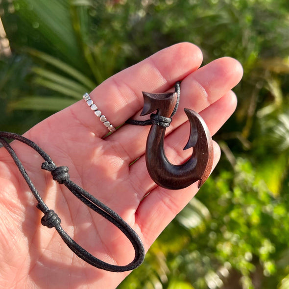 East Indian Rosewood Maui Fishhook Necklace on Cotton Cord